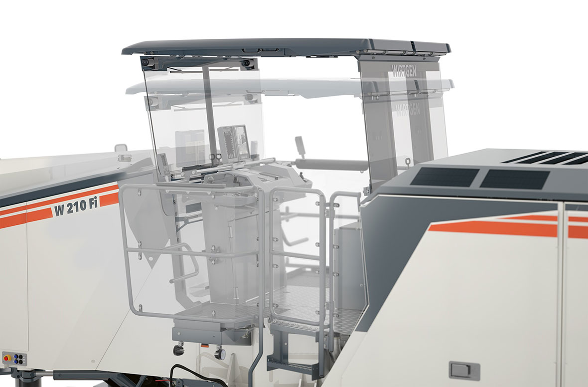 Neuer Fahrstand: Das hydraulisch höhenverstellbare Wetterschutzdach der Wirtgen Großfräsen lässt sich je nach Einsatz- und Witterungsbedingungen individuell anpassen. Zudem ist die Plattform des Fahrstands rechts um mehr als 20 cm über die Maschinenkante hinaus verbreiterbar.