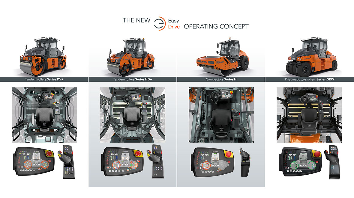 The HAMM Easy Drive operating concept is available for DV+ series and HD+ series tandem rollers, H series compactors and HP series pneumatic tyre rollers.