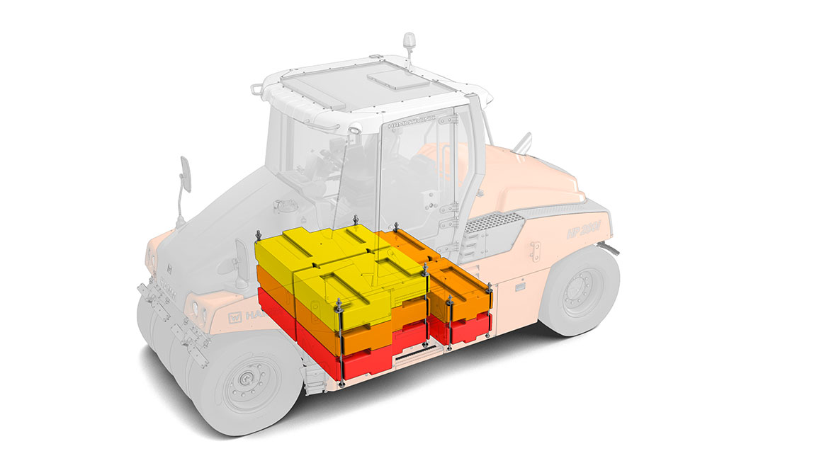 In den Gummiradwalzen der neuen Serie HP von HAMM kann das Gewicht mit vorgefertigten Ballastkörpern einfach und flexibel verändert werden. Die Ballasträume können mit verschiedenen Materialien befüllt werden, so dass das Gesamtgewicht in feinen Abstufungen variiert werden kann.