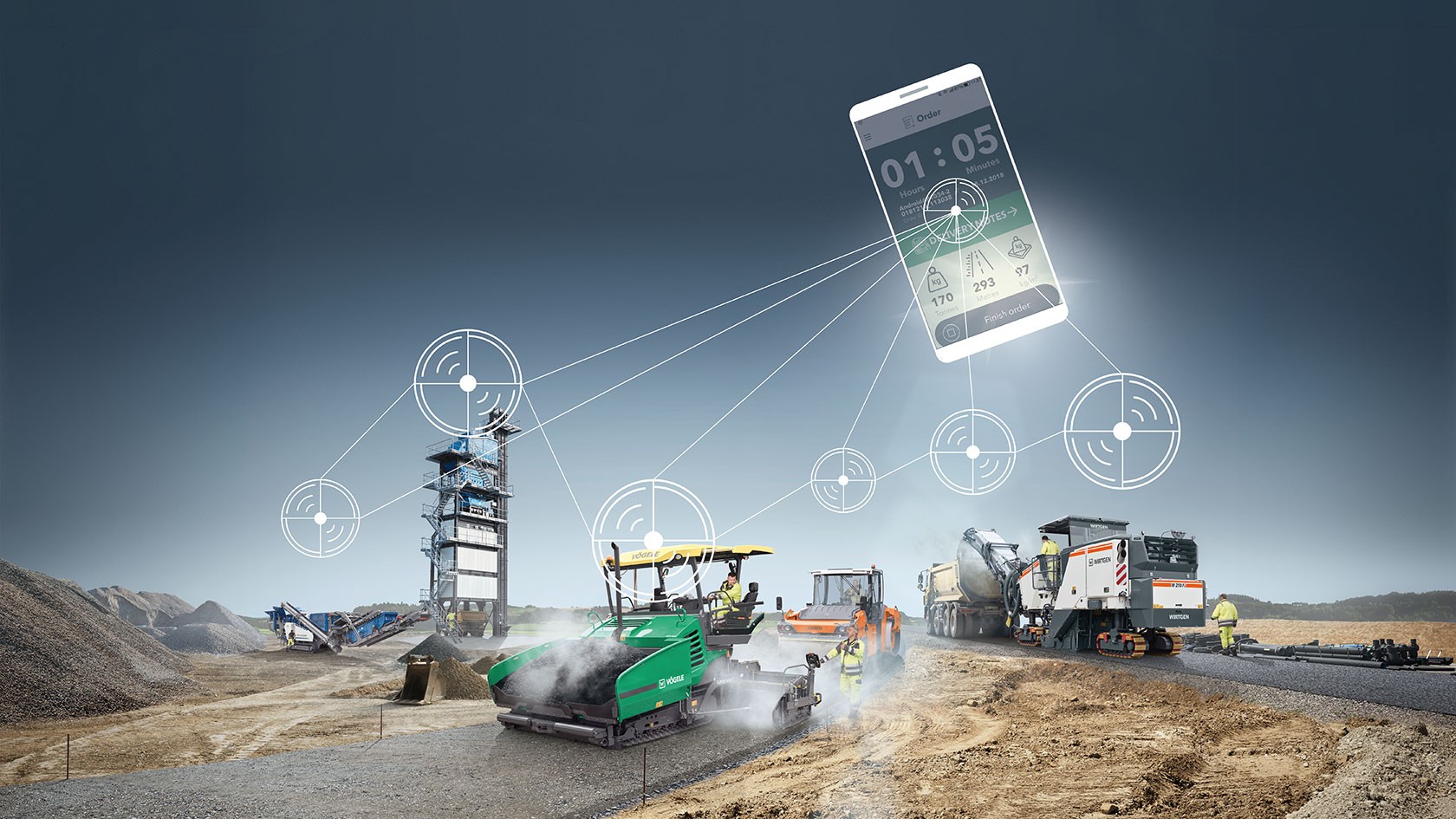 Rappresentazione delle macchine interconnesse del Wirtgen Group con l’app per smartphone