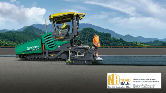 A Vögele paver surfacing a road. A teaser for the show is shown.