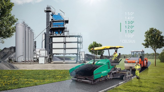 Vögele Straßenfertiger baut ein. Hamm Walze verdichtet. Benninghoven Anlage im Hintergrund. 