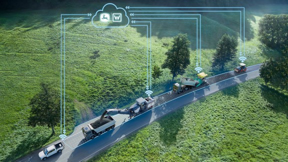 Wirtgen milling machine, followed by a Vögele paver during the widening of a rural road to enable the construction of an asphalted access road to an agricultural track. Icons as additional references to the John Deere Operations Center™.