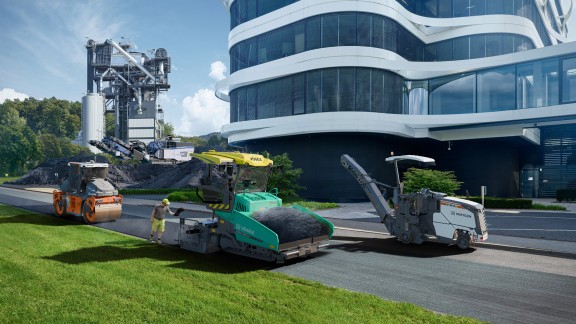 Composite image with Wirtgen milling machine, Vögele paver, Hamm roller, Kleemann crusher and Benninghoven asphalt mixing plant