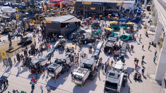 Bird’s-eye view of the outdoor machine exhibition at the Wirtgen Group and John Deere booth at Conexpo 2026
