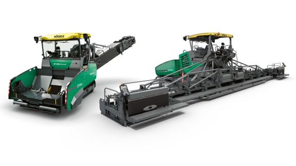 Isolated image of a MT 3000-3 Li mobile feeder and a SUPER 3000-3i Highway Class paver 
