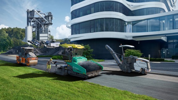 Wirtgen Fräse, Vögele Fertiger, Hamm Walze, Benninghoven Anlage, Bildkomposium