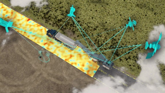 View of a construction site from above, annotated with the components of Smart Level Pro