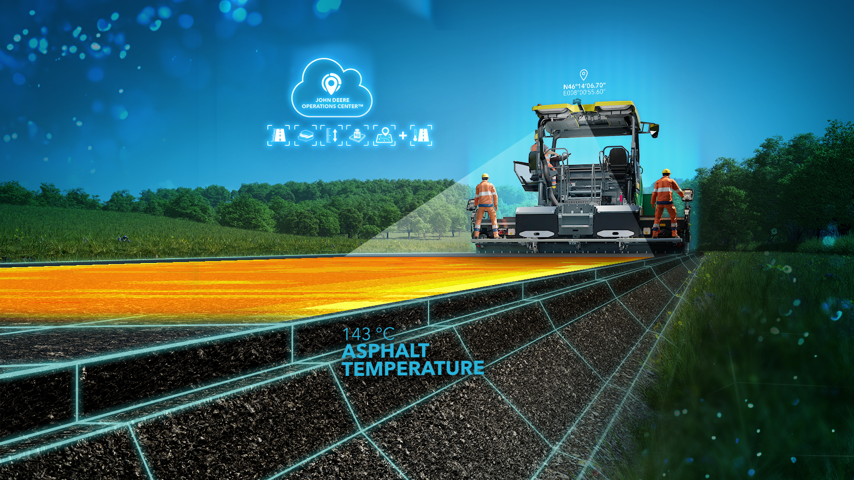 The image shows a road paver with WPT Paving Pro and RoadScan.