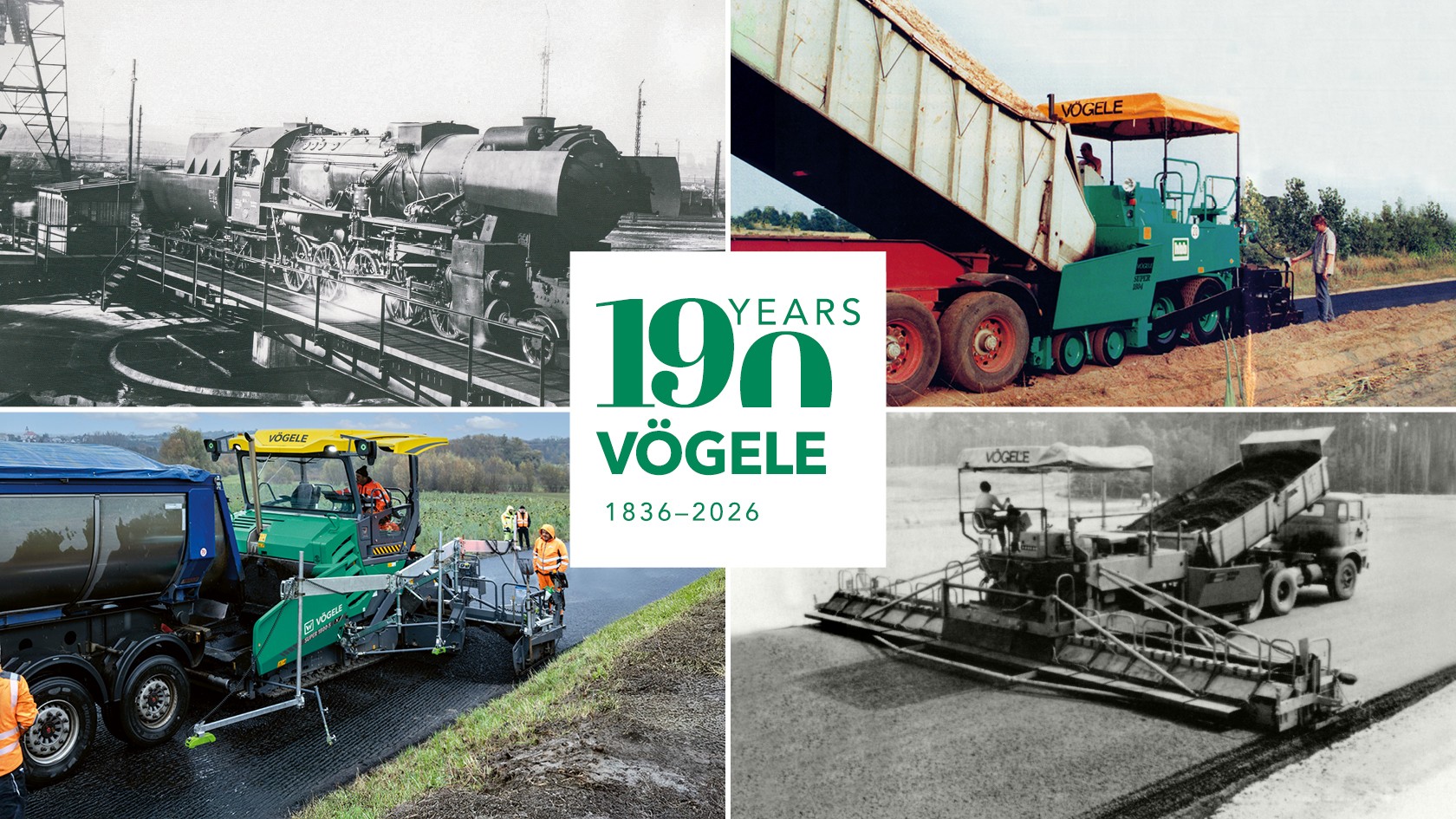 Image shows the VÖGELE product range over the last 190 years: from products for the railway industry to pavers and screeds.