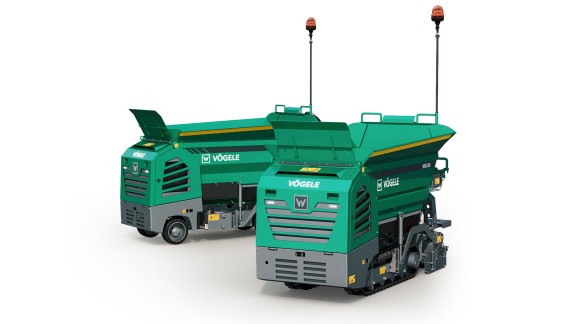 MINI 500 tracked paver and MINI 502 wheeled paver on a white background