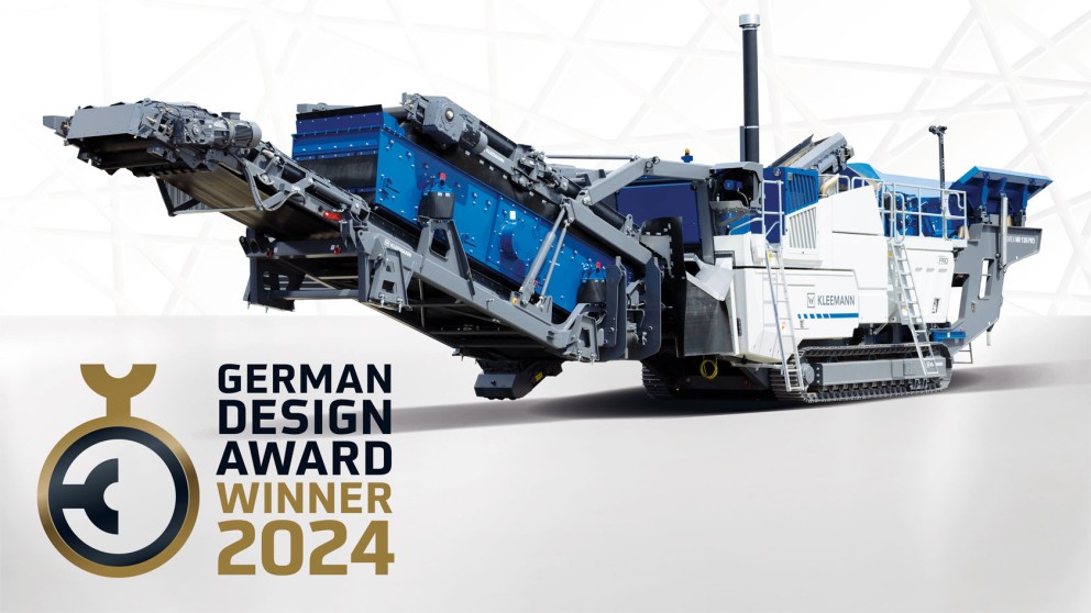 Impact crusher MR 130(i) PRO from Kleemann on a grey background including Design Award logo