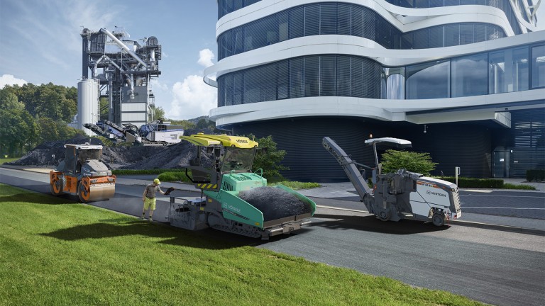 Various construction machines on a green backdrop in front of a modern building.