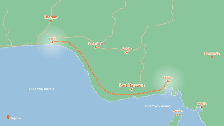 Kartenausschnitt auf dem die Strecke des Lagos-Calabar Coastal Highways gezeigt wird