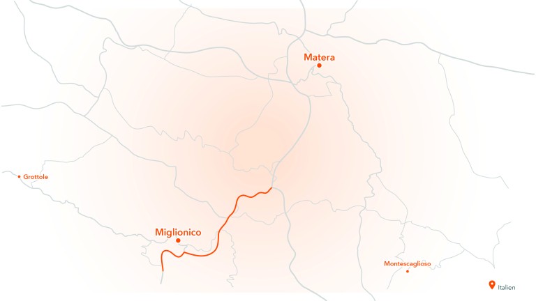Kartenausschnitt der Via Appia mit Fokus auf die Straßenabschnitte in der Nähe von Miglionico