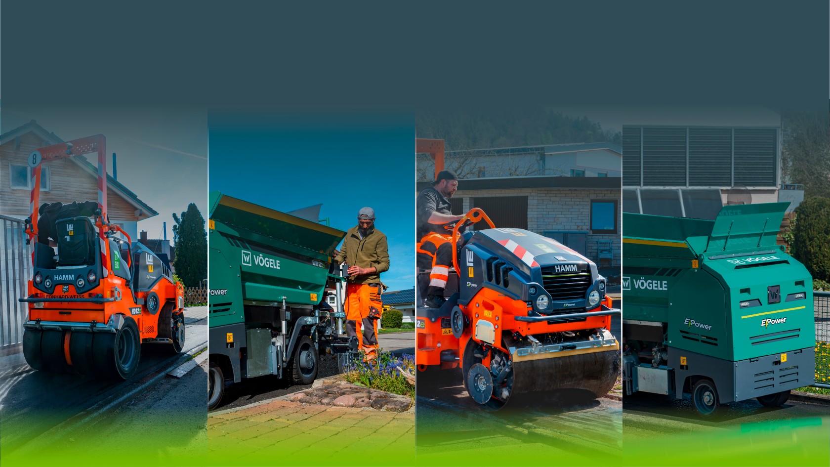 Composite image of the Hamm HD 12e VT tandem roller and the Vögele wheeled paver MINI 502e