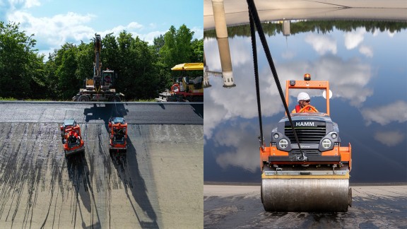 Collage of two photographs: On the left, the paving squad on the slopes; on the right, a secured tandem roller viewed from the front.