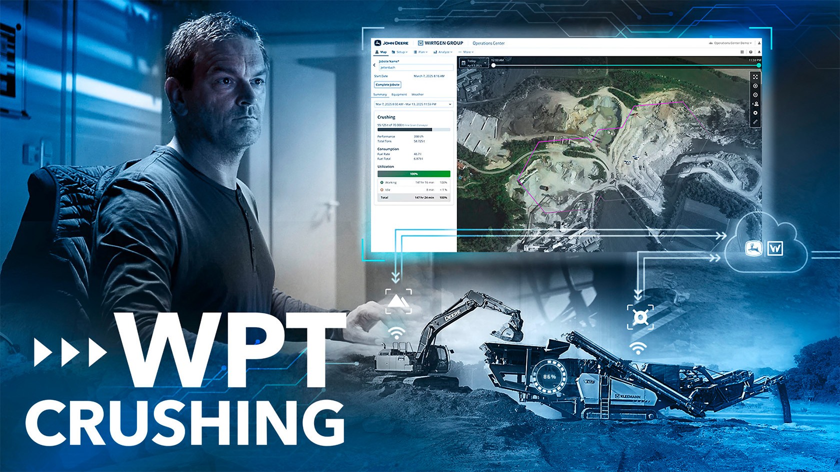 Composite image showing an employee in an office concentrating on a screen. A screenshot showing data from the John Deere Operations Center™. Text in the image: WPT Crushing