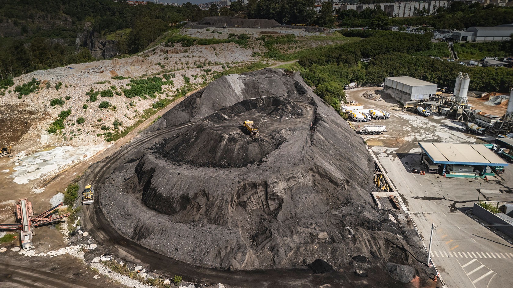Aerial view of the quarry with storage area for RAP.